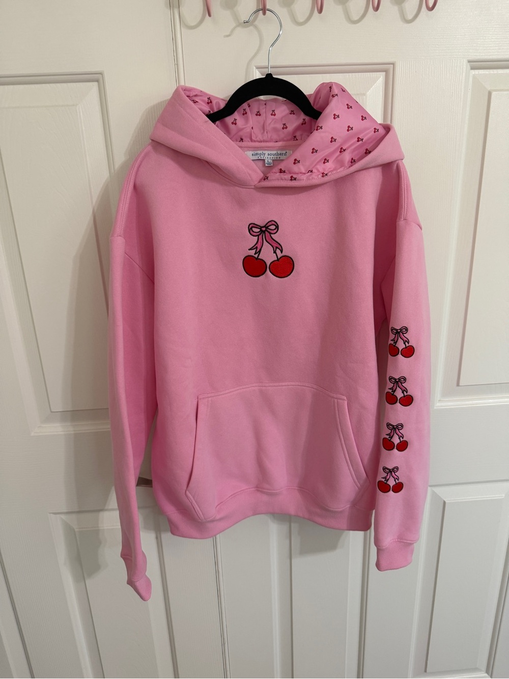 Simply Southern L Pink Cherry Bow Embroidered Hoodie Satin Lined Coquette